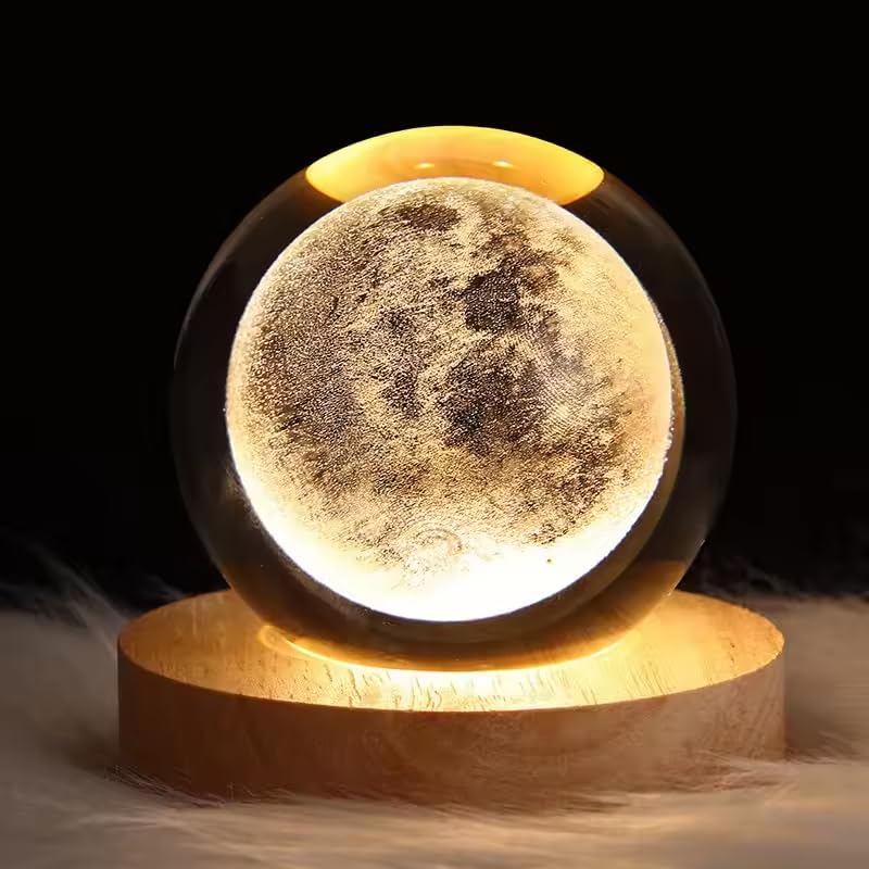 NAIRO- 3D Elk Crystal Ball Night Light - LED Glass Hologram Lamp, Sphere Glass Light with Solid Wood Base, USB Powered Balls Lamp with Adjustable Brightness, 60mm